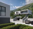 modern two-story house, white and gray exterior, large windows, car park, elevated entrance, sloped garden, and covered balcony