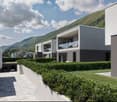Modern house, gray and white color, two floors, garage, terrace, scenic view of the mountains