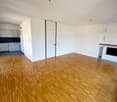 empty room, wooden floor, white walls, fireplace, kitchen area