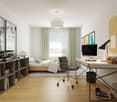 modern minimalist design, bed, desk, office chair, computer monitor, bookshelf, rug, wooden floor, pendant light