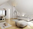 white walls, wooden floor, white bed, desk, round mirror, lamp, vase with flowers