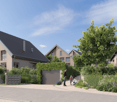 3 story house, black roof, beige walls, garage, garden, driveway