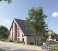 Modern houses, gray roofs, beige walls, windows, front yard with trees and grass, pathway, people walking, one with a stroller, one riding a bicycle