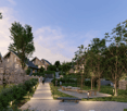 Pathway, benches, trees, plants, houses, people walking, bicycles, evening light