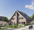 3 story house, raised ground floor, brown exterior, gray roof, garden, bicycles
