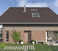 2 story house, brown roof, beige walls, glass doors, terrace, garden, plants, bench, lanterns