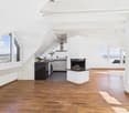 Atrium style room with wooden floors, white walls, large windows, fireplace, kitchen area, and a view of the city.
