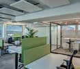 modern office space with glass walls, green partitions, white desks, black chairs, and a plant