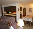 open plan living room with dining area, sofa, dining table, kitchen with appliances