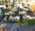 Modern residential complex, 7 houses, 5 garages, swimming pool, solar panels, parking lot, lush gardens