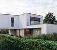 white two-story modern house, glass balcony, white walls, wooden front door, plants around the house