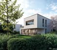 2 story modern house, large windows, swimming pool, grassy yard, patio, trees