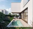 Modern house, white walls, large glass windows, small outdoor swimming pool, outdoor seating area