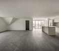 open space, modern design, gray tile floor, white walls, kitchen island, glass windows, balcony