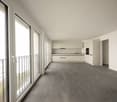 open layout, sliding doors, balcony, kitchen, grey tiles