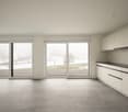 White walls, large windows, sliding doors, gray floor, kitchen area