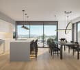 open space kitchen with marble island, pendant lights, open terrace, hardwood floors, modern design