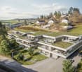 4-story residential building with grass roofs, multiple balconies, driveway, 2 parked cars, people walking, landscape with trees and grass