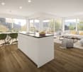 kitchen with dining area, white furniture, wooden floors, glass windows, balcony, white couch