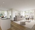 open plan living room and kitchen, large windows, wooden floor, modern furniture, balcony