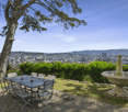 Outdoor dining table with chairs, small fountain, expansive city view, greenery
