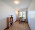 A room with a desk, chair, books, and a plant. The room has white walls, a wooden floor, and a window with curtains. There is a lamp on the floor and a ceiling light.