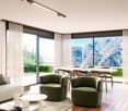 sliding glass doors, wooden floor, white sofa, round table, dining table with chairs, white curtains, scenic mountain view