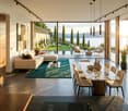 modern living room with large windows, couch, coffee table, dining table, chairs, rug, view of the sea