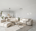 modern living room with white walls, white furniture, glass coffee table, plants, marble floor, dining area
