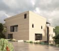 Modern architectural design, beige stone exterior, large windows, multiple balconies, driveway