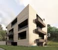 Modern architectural design, multiple floors, balconies, large windows, concrete exterior, car parked in front