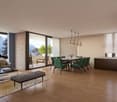 open plan living and dining area, large windows, balcony, dining table, kitchen island