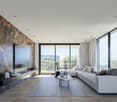 modern living room with large windows, white couch, coffee table, TV, marble wall, balcony