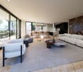 modern living room, large windows, balcony, dining table, chairs, sofa, coffee table, rug