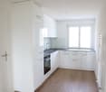 modern kitchen with white cabinets, wooden floor, sink, oven, dishwasher, window