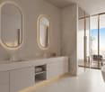 modern bathroom, white marble, double sink, large mirror, bathtub, ocean view