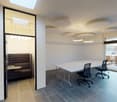 modern office room with white walls, gray floor, large windows, long white table, black chairs, glass partition, round ceiling lights
