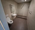 Bathroom with toilet, sink, shower, and mirror