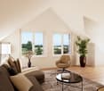 modern living room with large windows, beige sofa, glass table, beige chair, floor lamp, potted plant, carpet