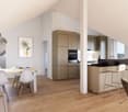 modern kitchen with dining area, wooden floor, white walls, large windows, modern furniture, open concept