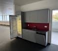 open refrigerator, sink, dishwasher, modern cabinets, countertop
