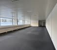 large hallway with carpeted floor, white walls, recessed lighting, and large windows with a view