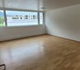 Spacious office room with large windows overlooking a scenic outdoor view, hardwood flooring, and a minimalist interior design.