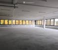 Large open-plan office space with high ceilings, concrete floor, and large windows overlooking a wooded outdoor area. The space appears to be unfinished or under renovation, with exposed ceiling beams and a bare concrete floor.