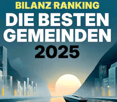 Advertisement for a financial ranking of best communities in 2025, with an illustrated cityscape.