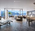 modern living room, large windows, glass door to terrace, modern furniture, view of the mountains and the sea