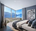 bedroom with large window, gray walls, wooden floor, bed with fur blanket, vases, mountain and city view