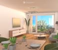 Modern living and dining area with large windows offering a scenic view, featuring a sofa, coffee table, dining table, chairs, lamp, mirror, and potted plants.