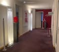 A hallway with two light sculptures, a wall painting, a red wall, and burgundy carpet