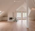 Fireplace, sliding doors, white wall, glass windows, wooden floor, cabinets